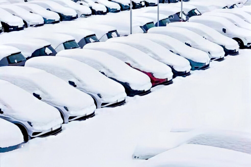 Cars covered in snow on a snowy sales lot