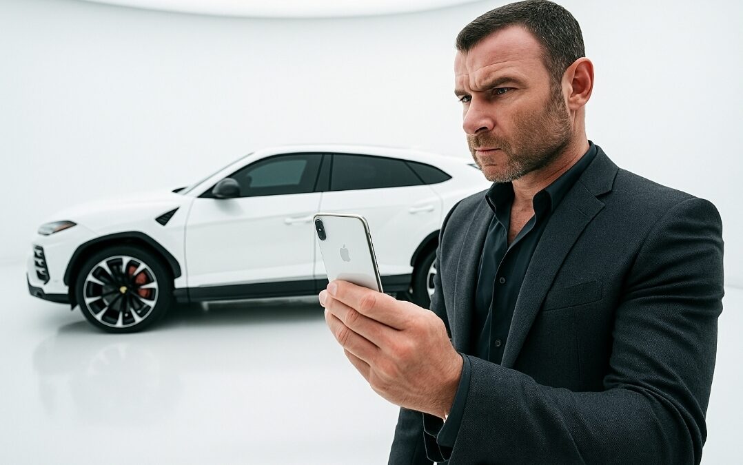 Ray Donovan standing in front of a car in a photo booth