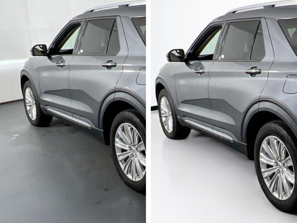 Side by side comparison of a car photo with one image looking dirty and dingy and the other clean and professional