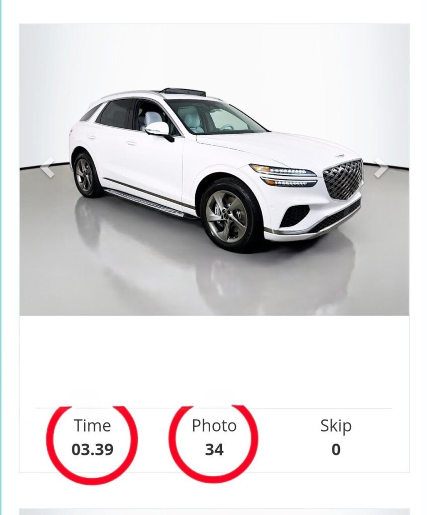 SUV in an SUV photo booth with workflow times displayed beneath it