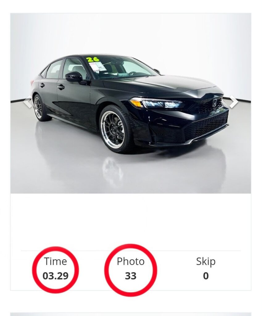 car in a car photo booth with workflow times displayed beneath it