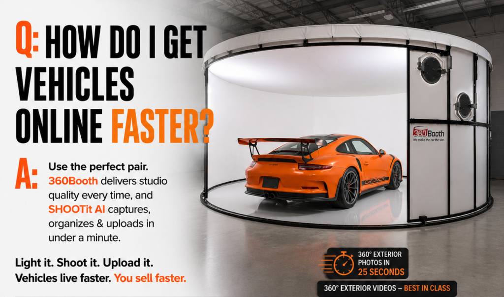 How do I get vehicles online faster? Use the perfect pair. 360Booth delivers studio quality every time, and SHOOTit AI captures, organizes, and uploads in under a minute.