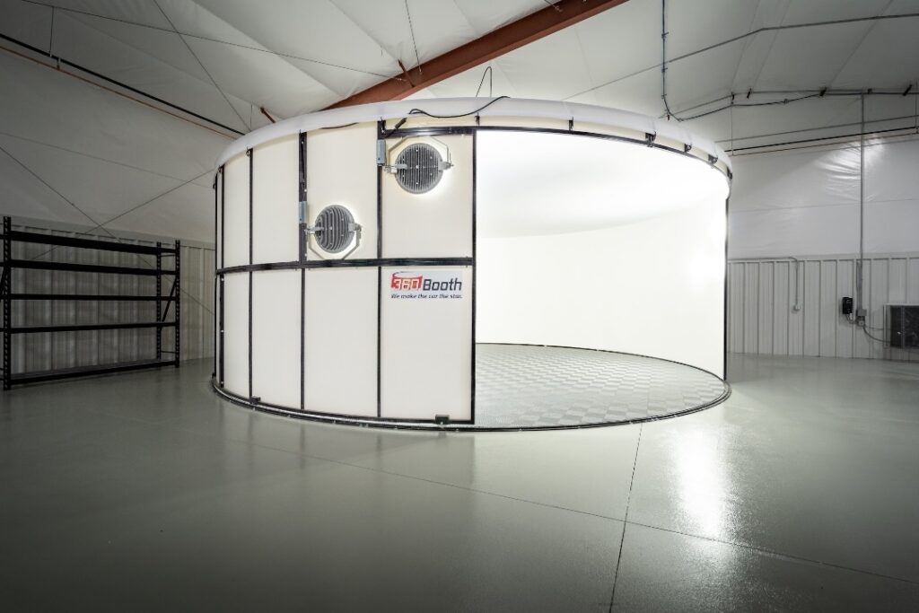 360Booth car photo booth in a warehouse